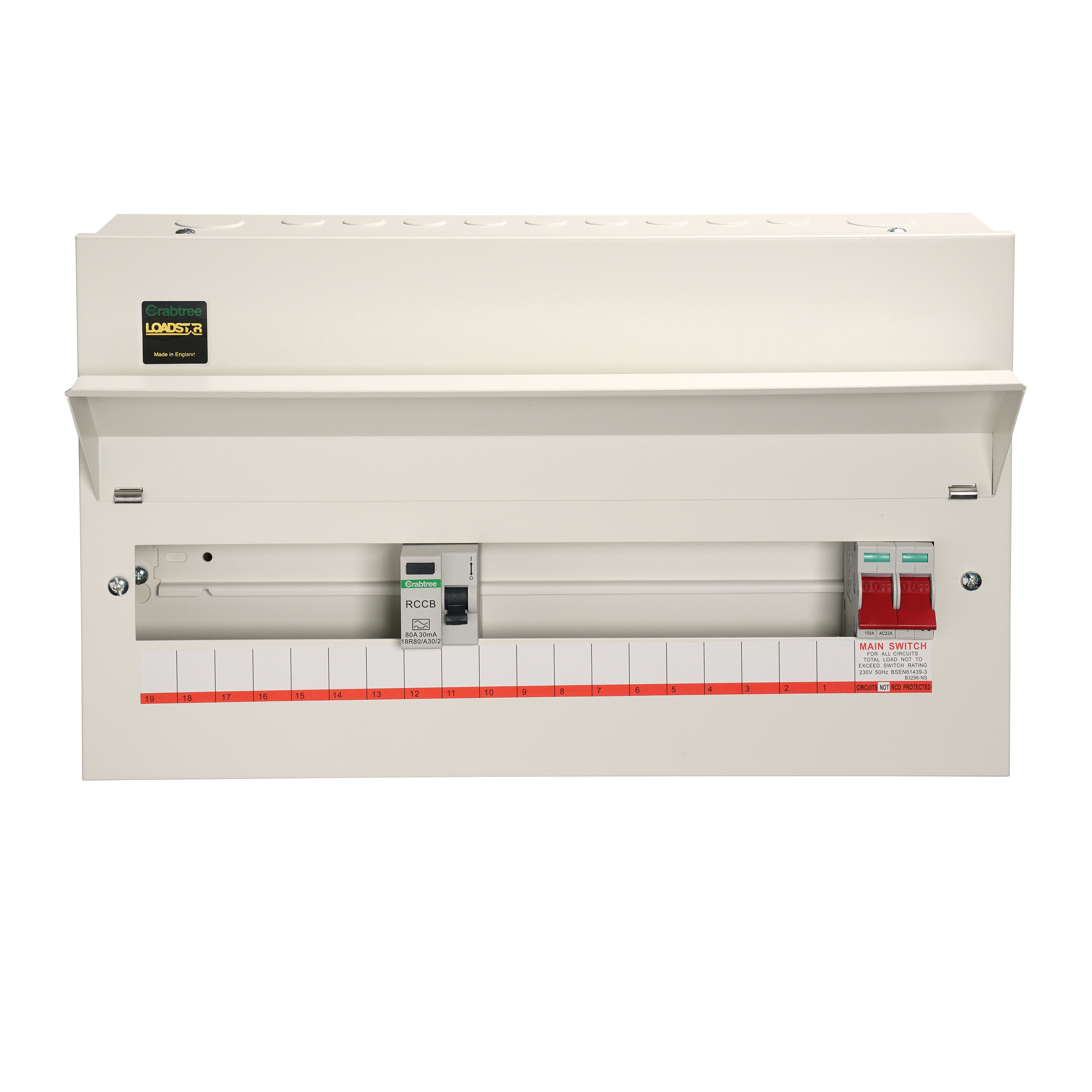 17 Way Split Load Consumer Unit 100A Main Switch, 80A 30mA RCD, Flexible Configuration