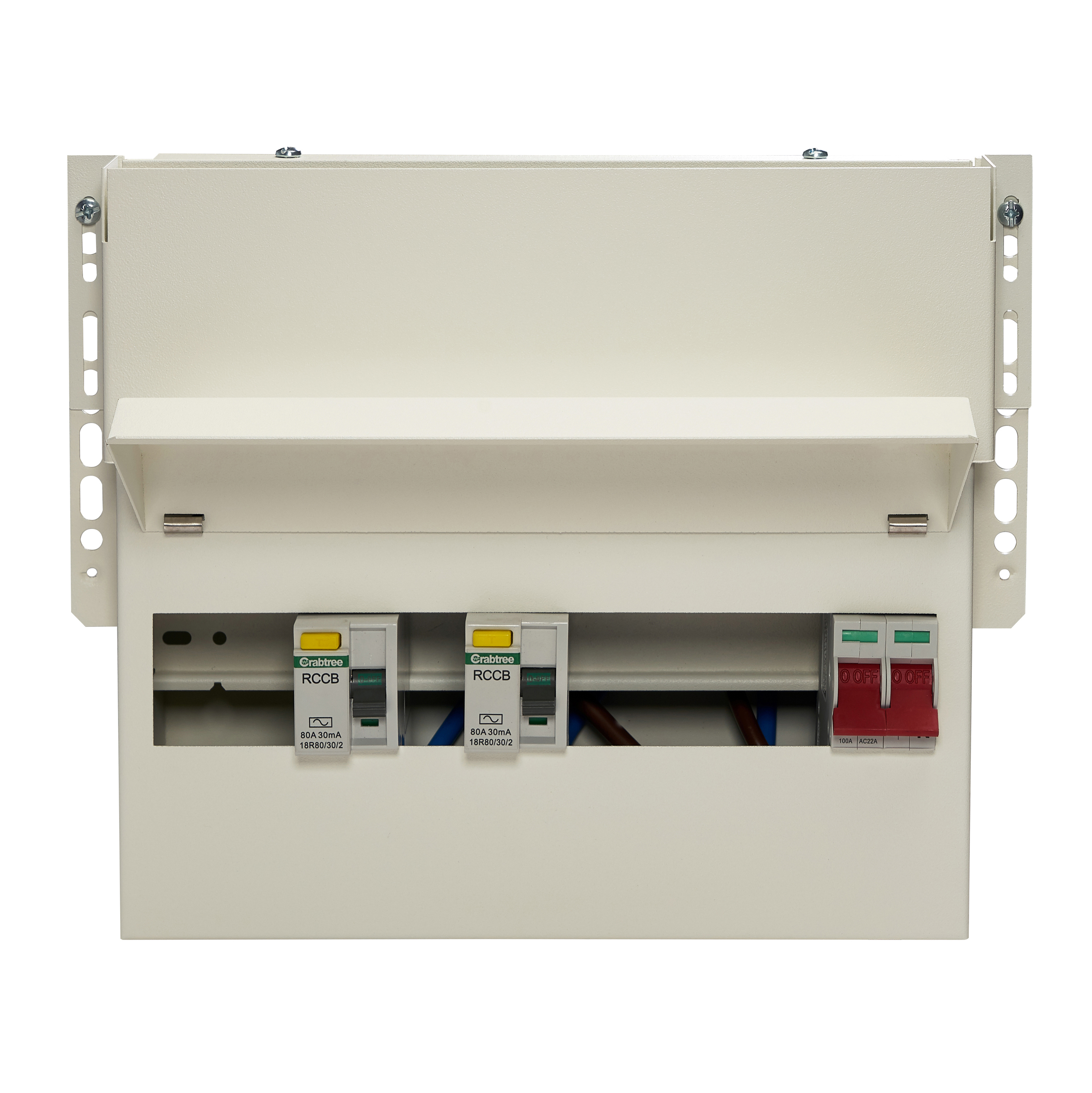 9 Way High Integrity Meter Cabinet Consumer Unit 100A Main Switch, 80A 30mA RCDs, Flexible Configuration